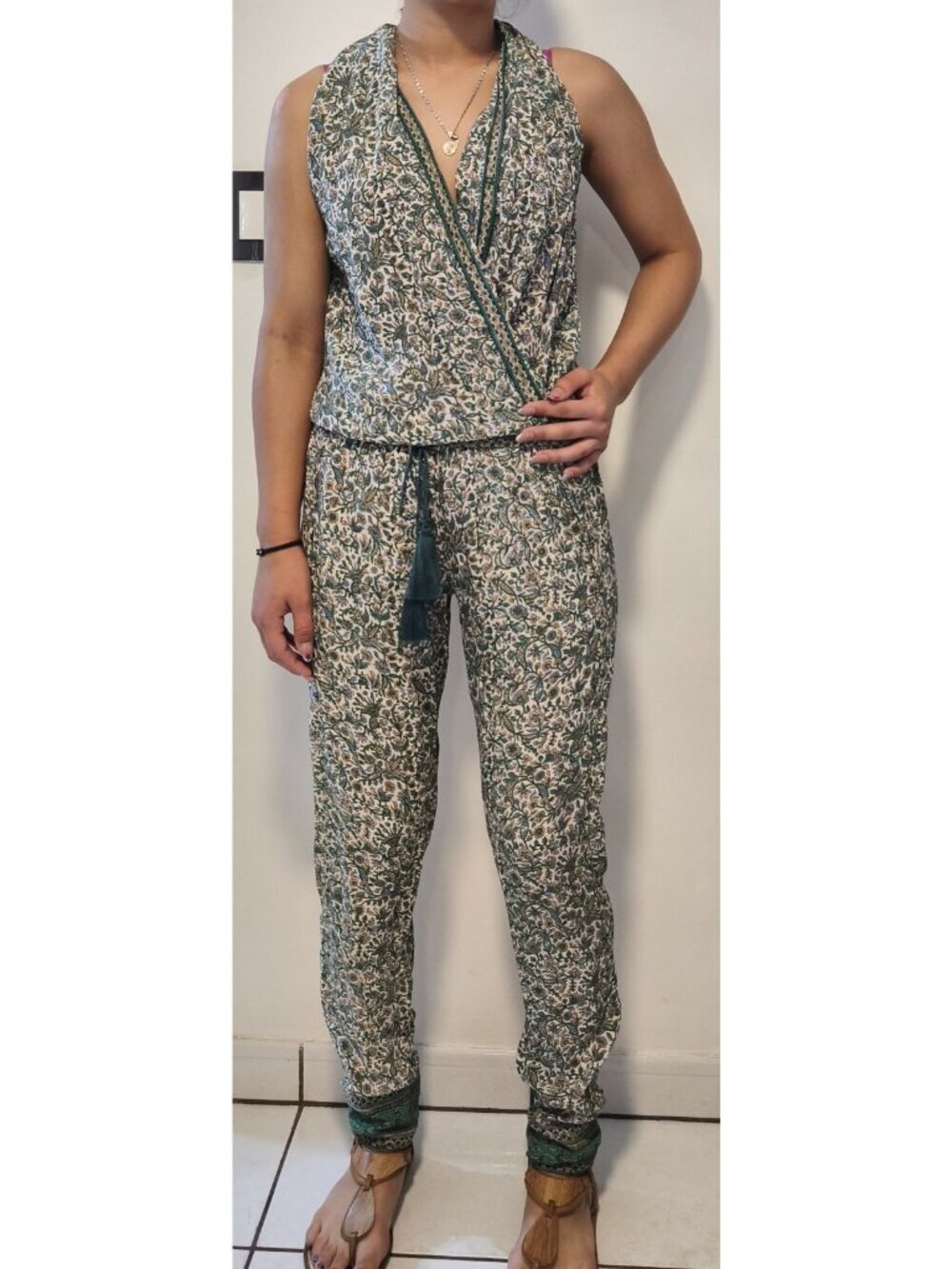 Talitha Collection 100% Silk Jumpsuit Wide Leg Halter Paisley Floral Green Ivory